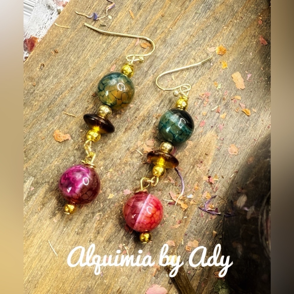 Gold Victorian style Indian agate and Amber statement chunky earrings
